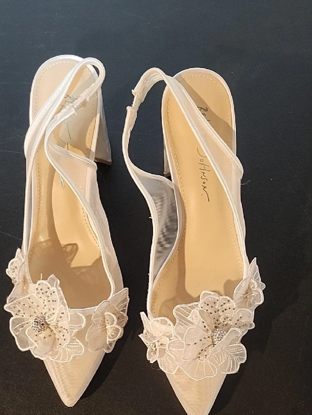 Betsey Johnson Petra  White Floral Applique Pointed Slingback Heels